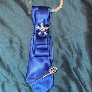 Elegant Royal Blue Satin Neck Scarf with Crystal Brooch